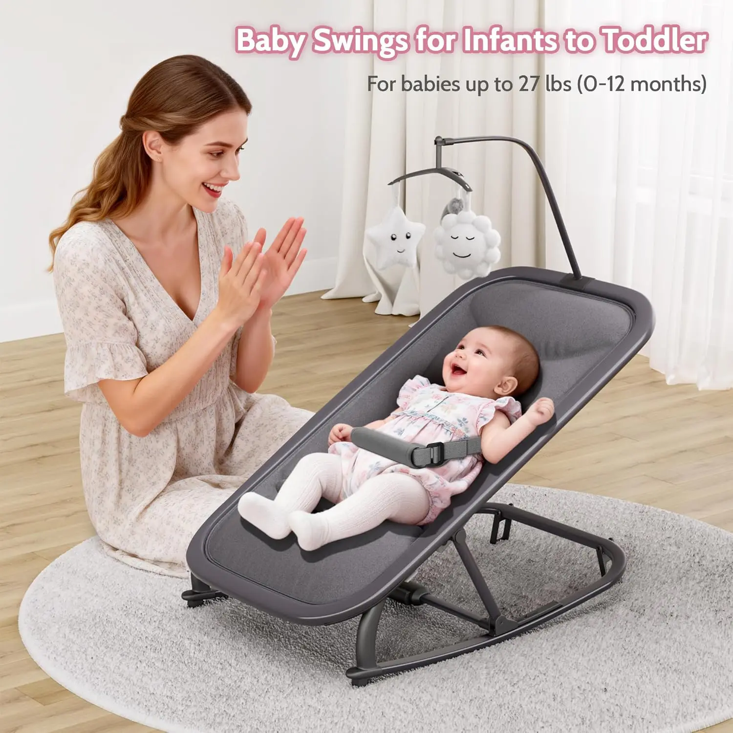 2-in-1 Baby Bouncer with Rocking Portable Bouncer Seat for Infant to Toddler with Removable Cushion Cover Ergonomic Design