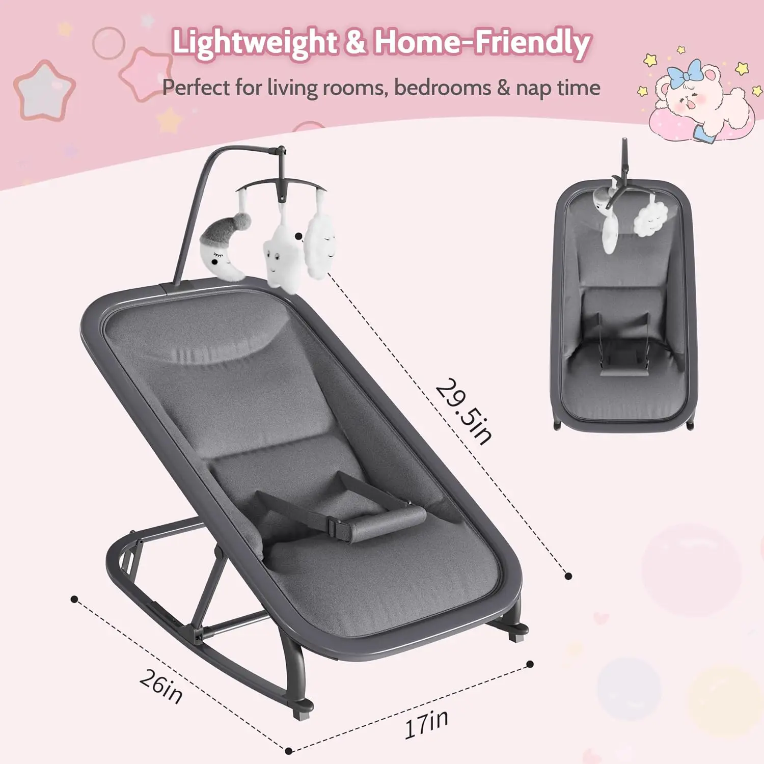 2-in-1 Baby Bouncer with Rocking Portable Bouncer Seat for Infant to Toddler with Removable Cushion Cover Ergonomic Design