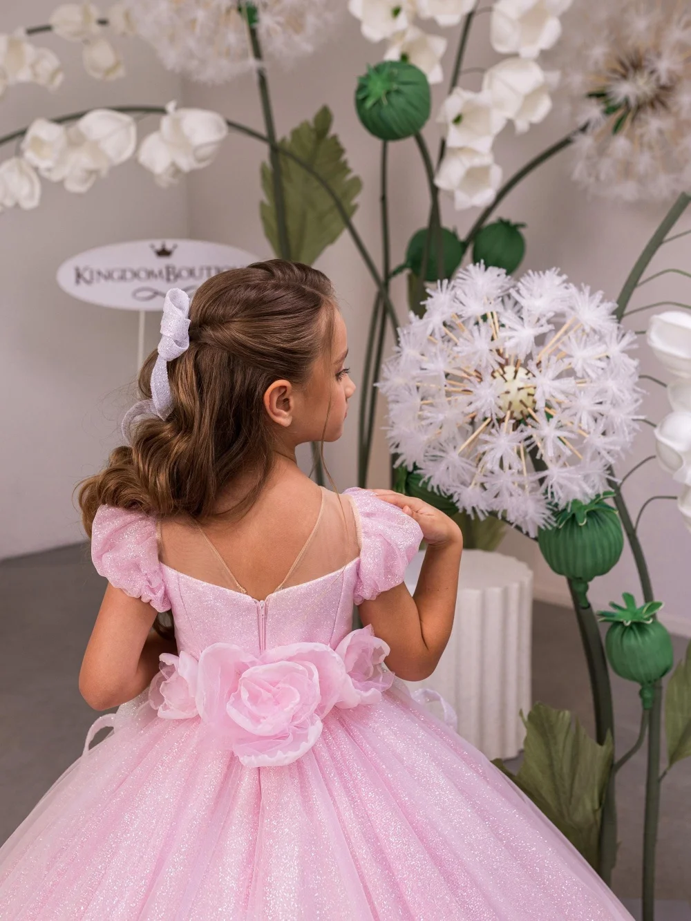 Sweet Pink Girls 3D Floral Dresses Stage Performance Wear Delicate Elegant Puff Sleeve Kids Princess Gown First Communion