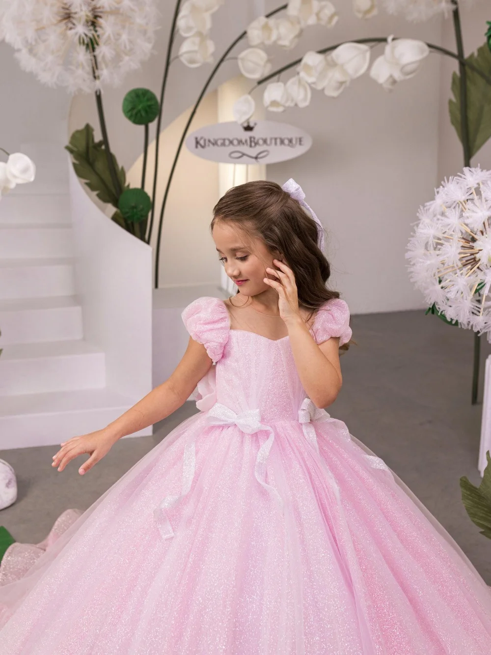 Sweet Pink Girls 3D Floral Dresses Stage Performance Wear Delicate Elegant Puff Sleeve Kids Princess Gown First Communion