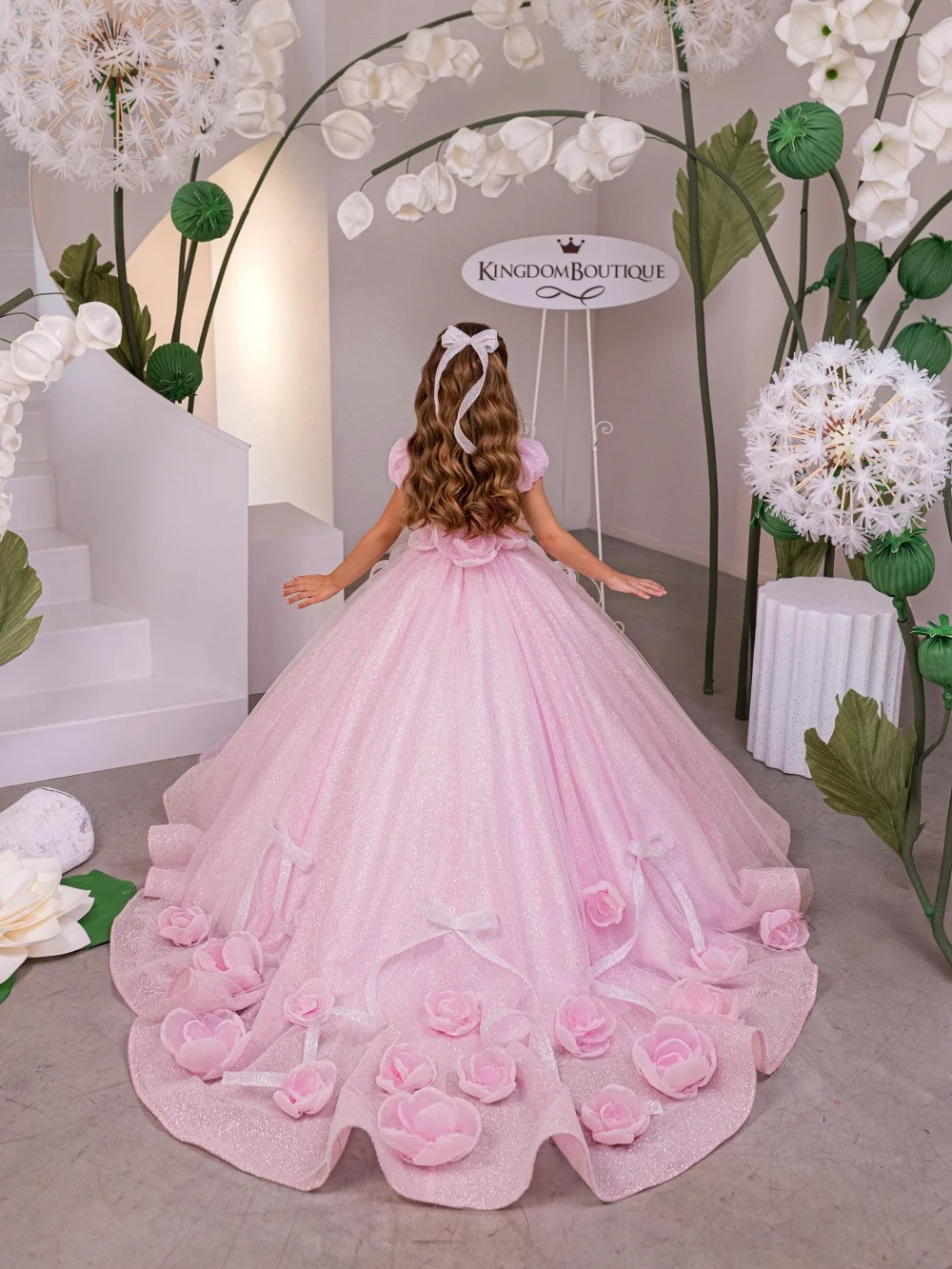 Sweet Pink Girls 3D Floral Dresses Stage Performance Wear Delicate Elegant Puff Sleeve Kids Princess Gown First Communion