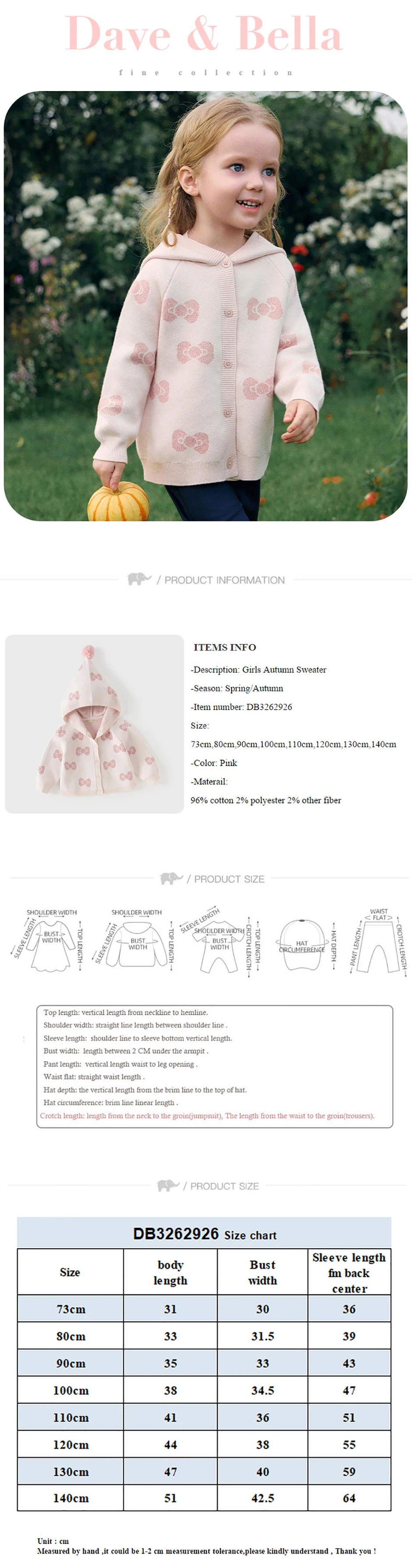 Dave Bella Sweater Autumn Sweater Cardigan Children Clothing Bow Girls Spring Coats Hoodie Casual Elegant Pink Fashion DB3262926