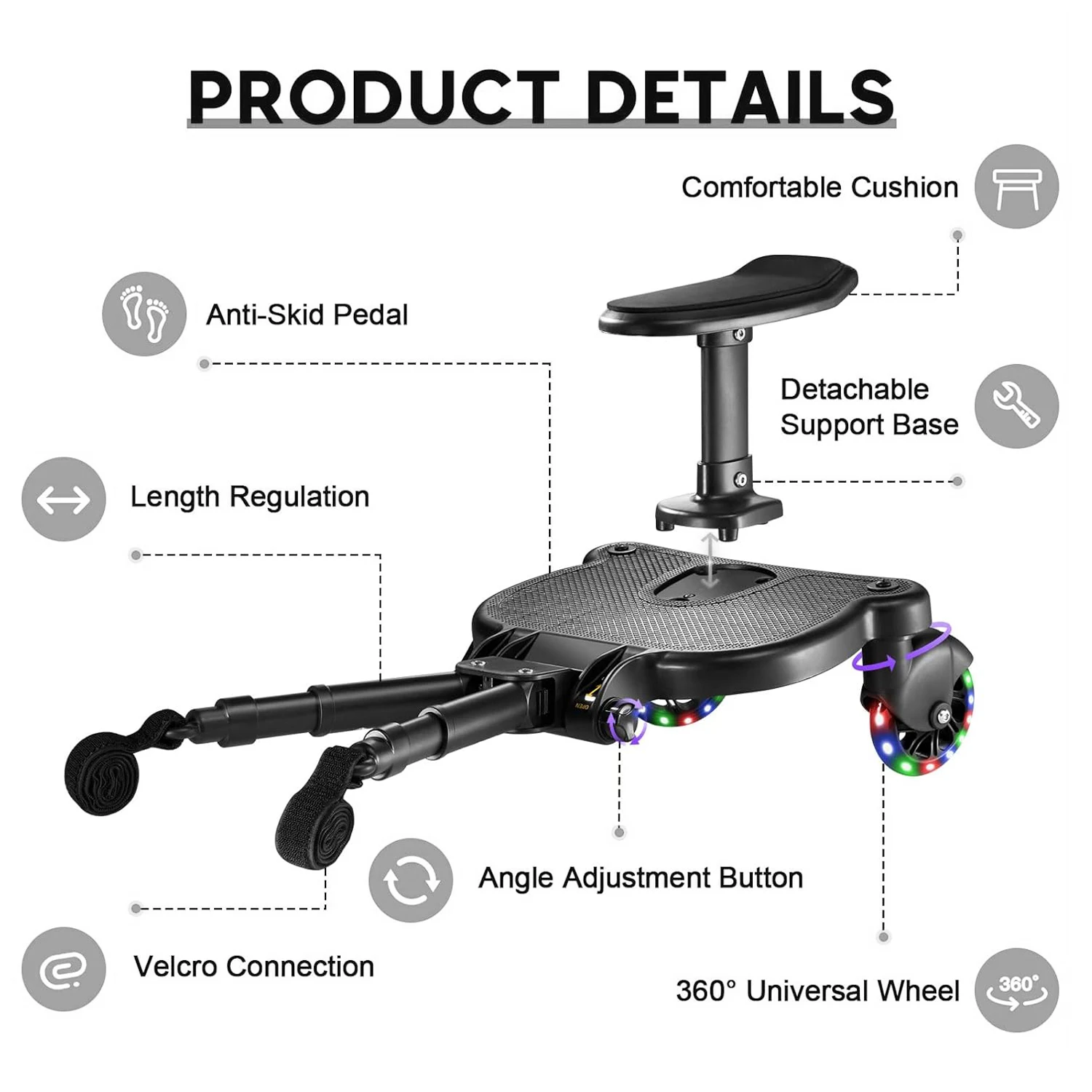 Universal Sit & Stand Double Mode Stroller Buggy Board with Detachable Soft Cushion Seat, 360° LED Flashing Wheels, Holds Up To 55Lbs for Out with Two Little Ones