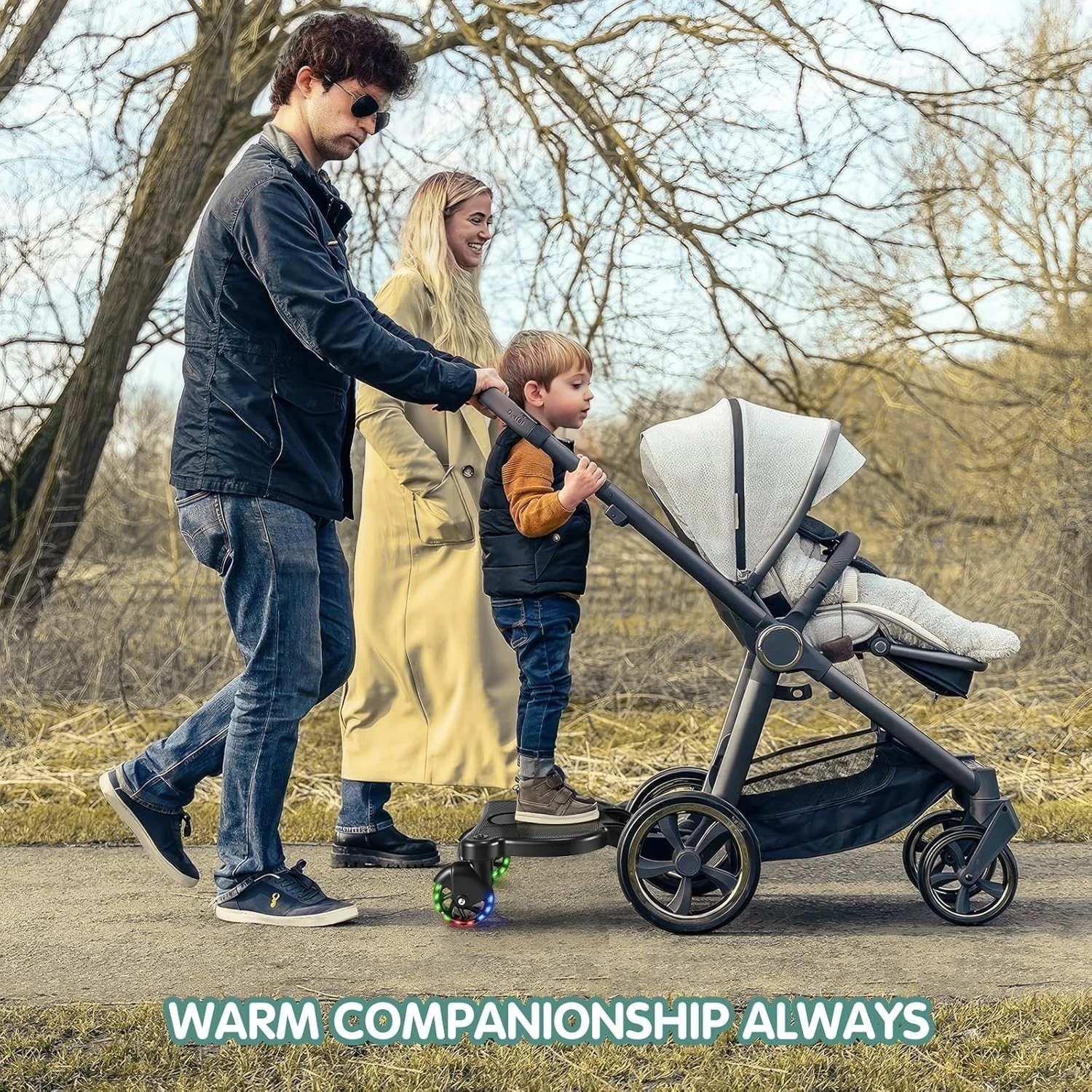 Universal Sit & Stand Double Mode Stroller Buggy Board with Detachable Soft Cushion Seat, 360° LED Flashing Wheels, Holds Up To 55Lbs for Out with Two Little Ones