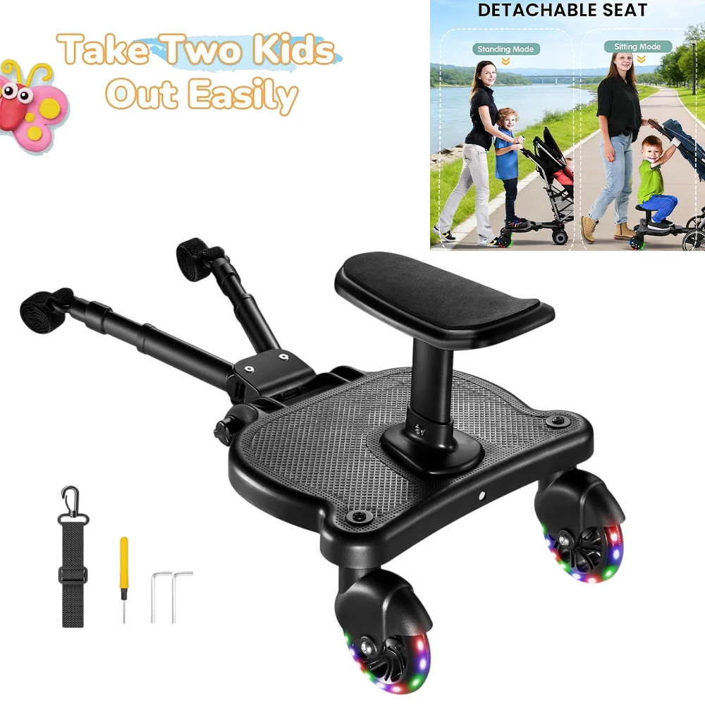 Universal Sit & Stand Double Mode Stroller Buggy Board with Detachable Soft Cushion Seat, 360° LED Flashing Wheels, Holds Up To 55Lbs for Out with Two Little Ones