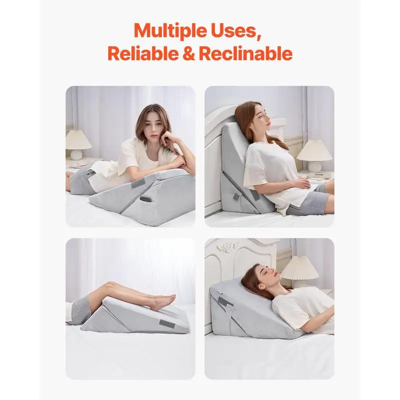 Incline Bed Pillow, Adjustable Orthopedic Triangular Pillow, Foam Filling, Washable Cover, Bed Reading Pillow for Acid Reflux, Back, Leg, Neck Pain Relief, Light Gray