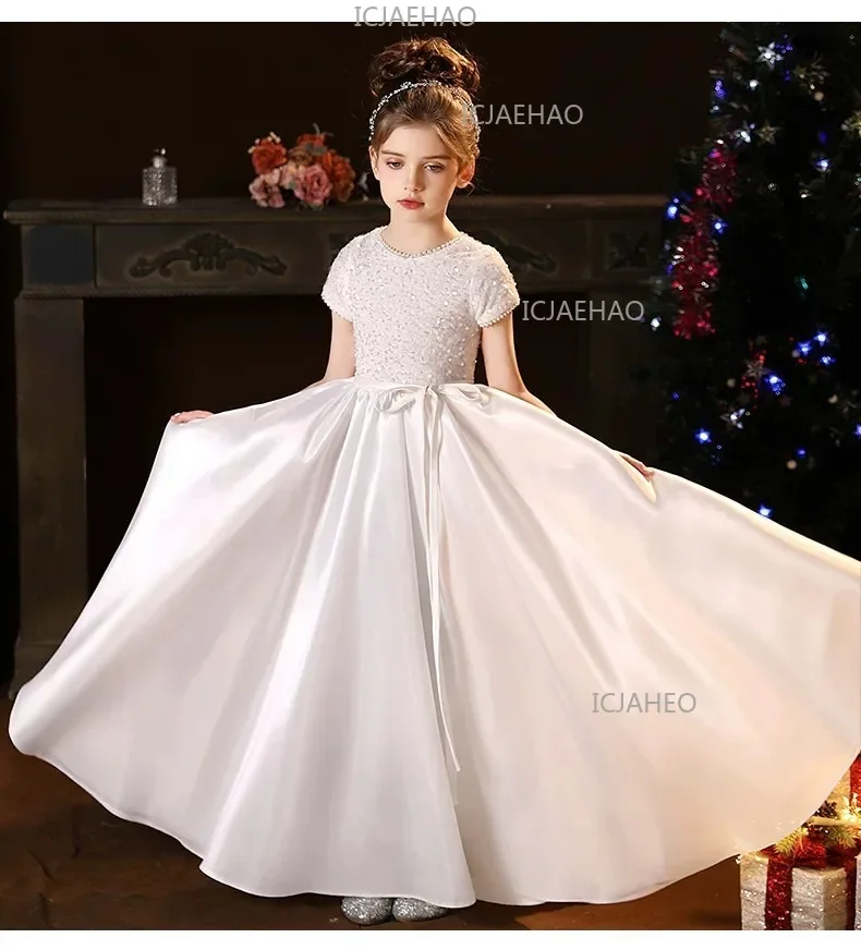 White Kids Formal Princess Performance Birthday Flower Girl Evening Dress Gown Korean Style Sweet Little Children Host Piano