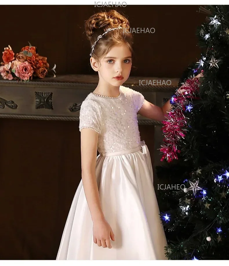 White Kids Formal Princess Performance Birthday Flower Girl Evening Dress Gown Korean Style Sweet Little Children Host Piano