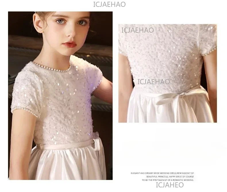White Kids Formal Princess Performance Birthday Flower Girl Evening Dress Gown Korean Style Sweet Little Children Host Piano