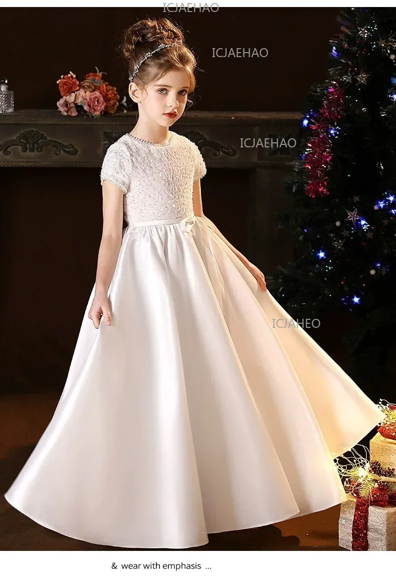 White Kids Formal Princess Performance Birthday Flower Girl Evening Dress Gown Korean Style Sweet Little Children Host Piano