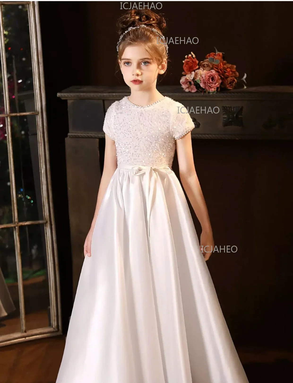 White Kids Formal Princess Performance Birthday Flower Girl Evening Dress Gown Korean Style Sweet Little Children Host Piano
