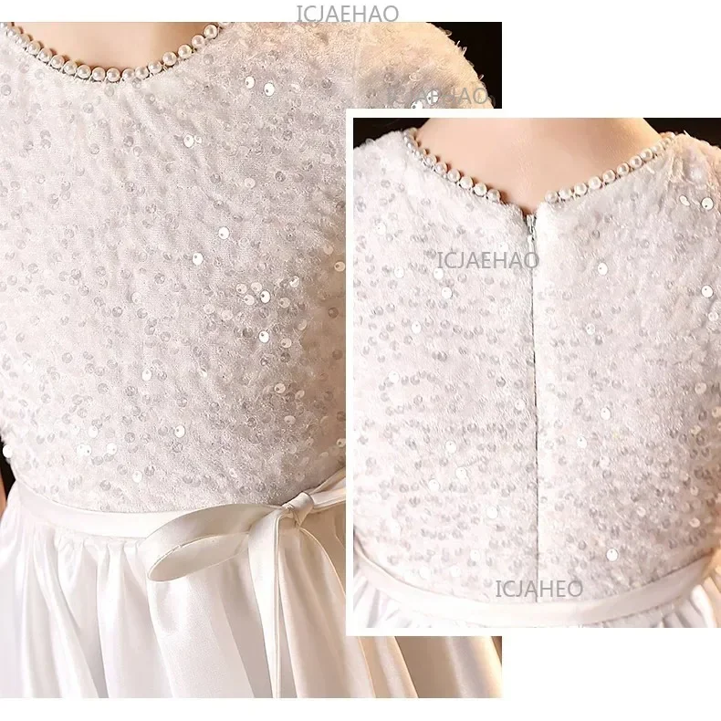 White Kids Formal Princess Performance Birthday Flower Girl Evening Dress Gown Korean Style Sweet Little Children Host Piano
