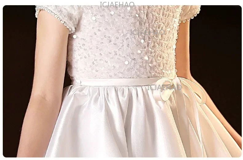 White Kids Formal Princess Performance Birthday Flower Girl Evening Dress Gown Korean Style Sweet Little Children Host Piano