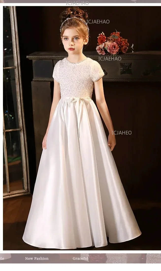 White Kids Formal Princess Performance Birthday Flower Girl Evening Dress Gown Korean Style Sweet Little Children Host Piano