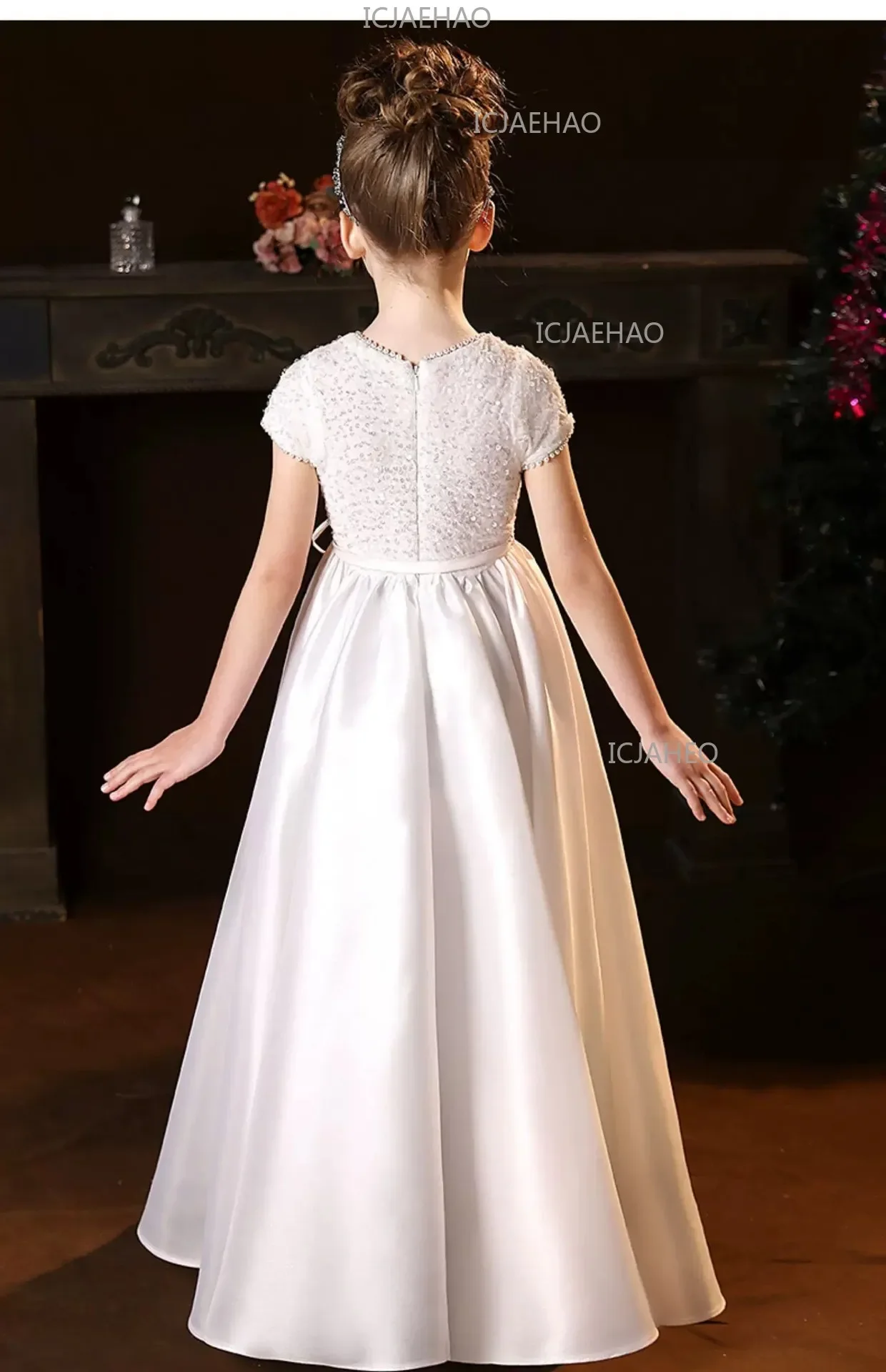 White Kids Formal Princess Performance Birthday Flower Girl Evening Dress Gown Korean Style Sweet Little Children Host Piano