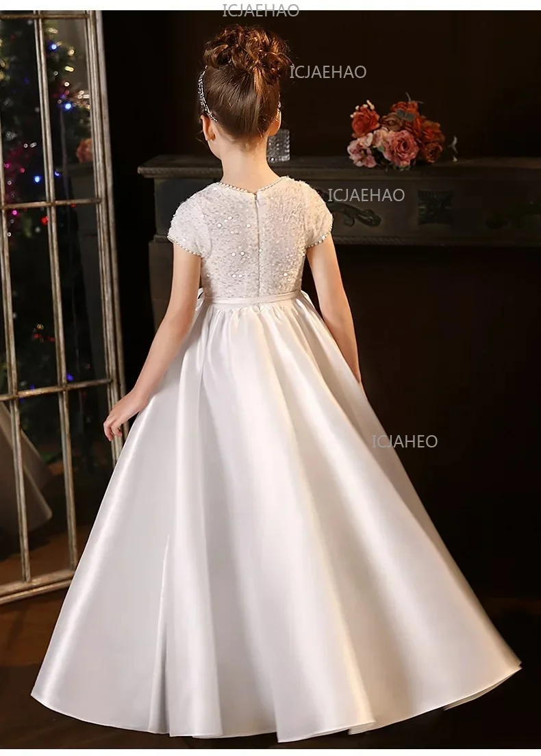 White Kids Formal Princess Performance Birthday Flower Girl Evening Dress Gown Korean Style Sweet Little Children Host Piano