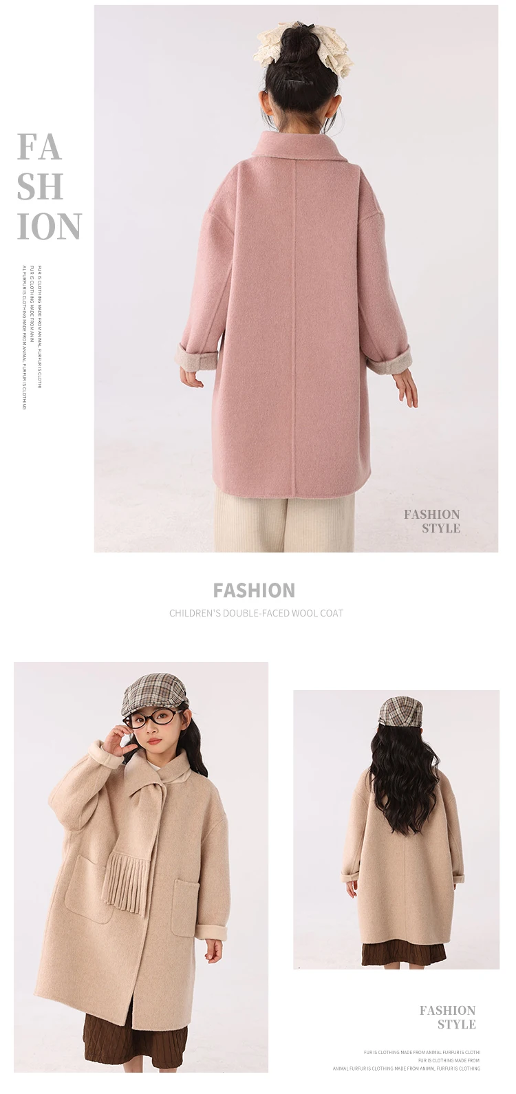 Children 100% Wool Double-Faced Coat with Scarf Collar Unlined Long Winter Overcoat Warm Soft Outerwear Kids Long Coat Handmade