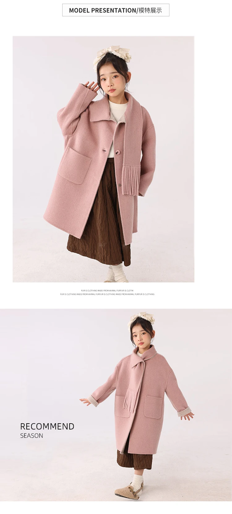 Children 100% Wool Double-Faced Coat with Scarf Collar Unlined Long Winter Overcoat Warm Soft Outerwear Kids Long Coat Handmade