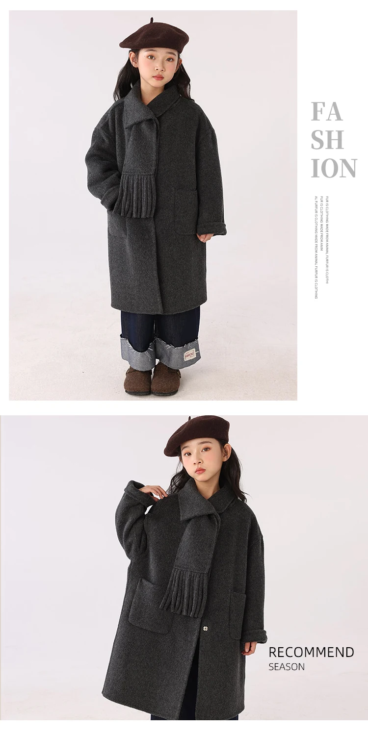 Children 100% Wool Double-Faced Coat with Scarf Collar Unlined Long Winter Overcoat Warm Soft Outerwear Kids Long Coat Handmade
