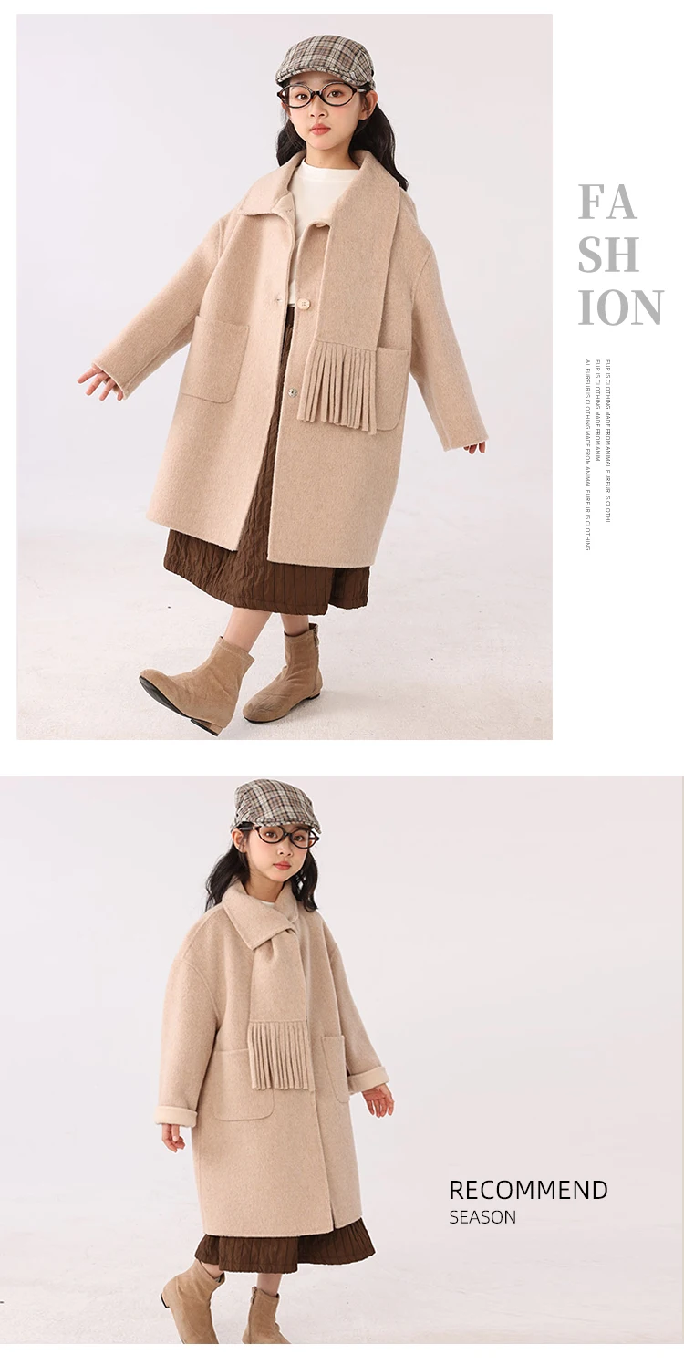 Children 100% Wool Double-Faced Coat with Scarf Collar Unlined Long Winter Overcoat Warm Soft Outerwear Kids Long Coat Handmade