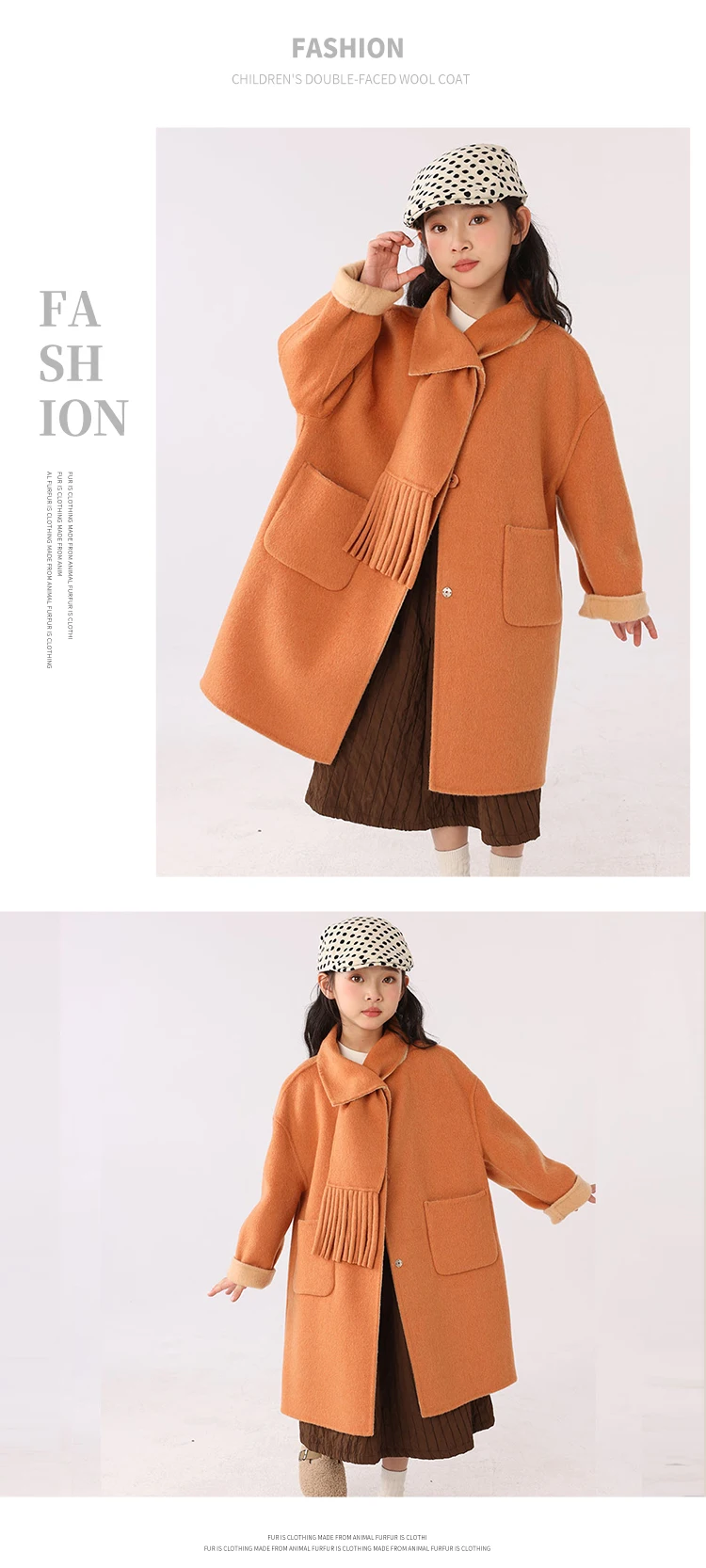 Children 100% Wool Double-Faced Coat with Scarf Collar Unlined Long Winter Overcoat Warm Soft Outerwear Kids Long Coat Handmade