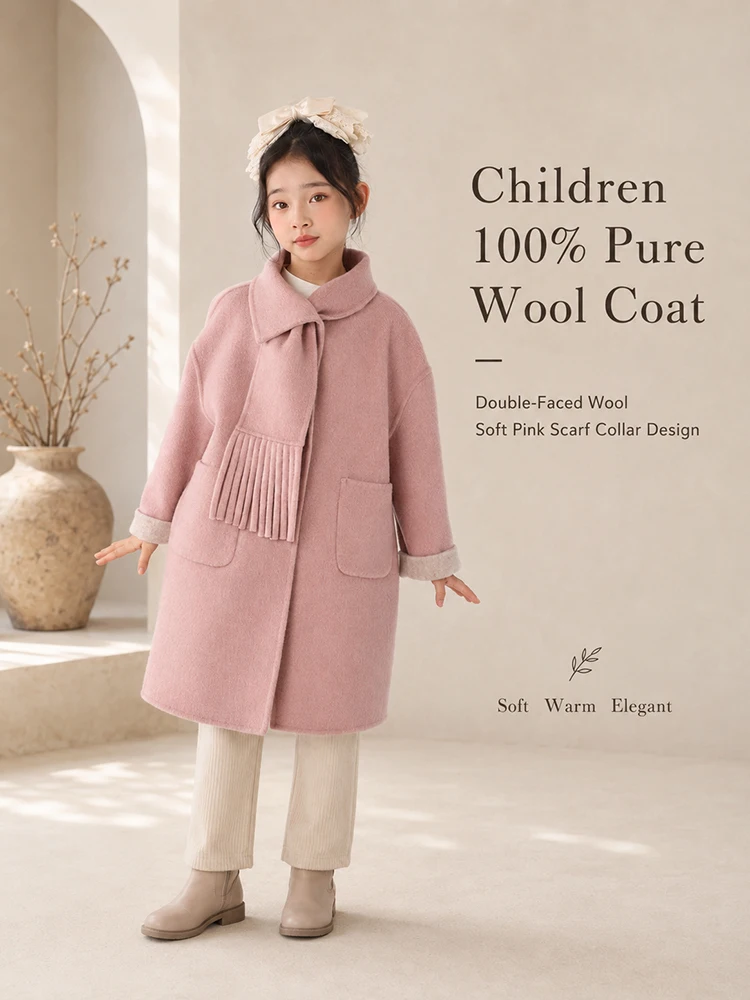 Children 100% Wool Double-Faced Coat with Scarf Collar Unlined Long Winter Overcoat Warm Soft Outerwear Kids Long Coat Handmade