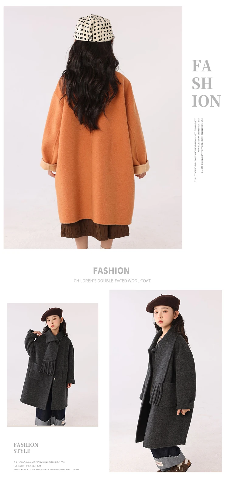 Children 100% Wool Double-Faced Coat with Scarf Collar Unlined Long Winter Overcoat Warm Soft Outerwear Kids Long Coat Handmade