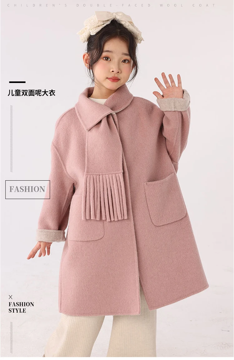Children 100% Wool Double-Faced Coat with Scarf Collar Unlined Long Winter Overcoat Warm Soft Outerwear Kids Long Coat Handmade