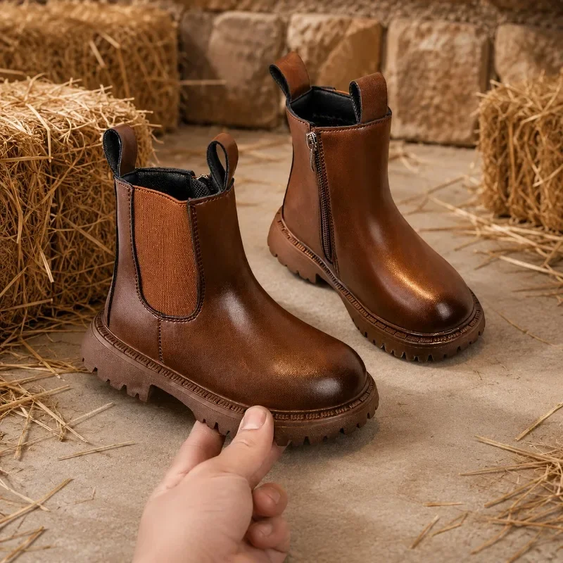 JGSHOWKITO Simple Children Leather Boots Retro Solid Color Boys Girls Ankle Boots for School Non-slip Kids Platform Boots Zipper