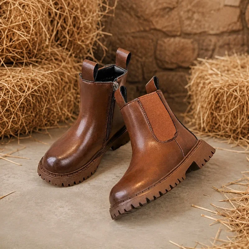 JGSHOWKITO Simple Children Leather Boots Retro Solid Color Boys Girls Ankle Boots for School Non-slip Kids Platform Boots Zipper