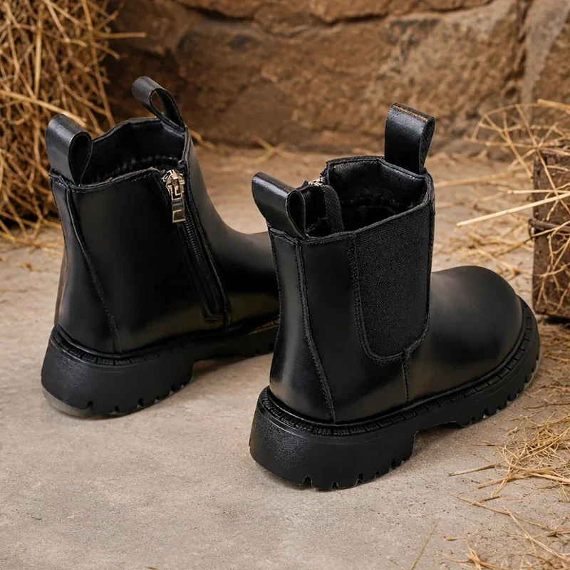 JGSHOWKITO Simple Children Leather Boots Retro Solid Color Boys Girls Ankle Boots for School Non-slip Kids Platform Boots Zipper