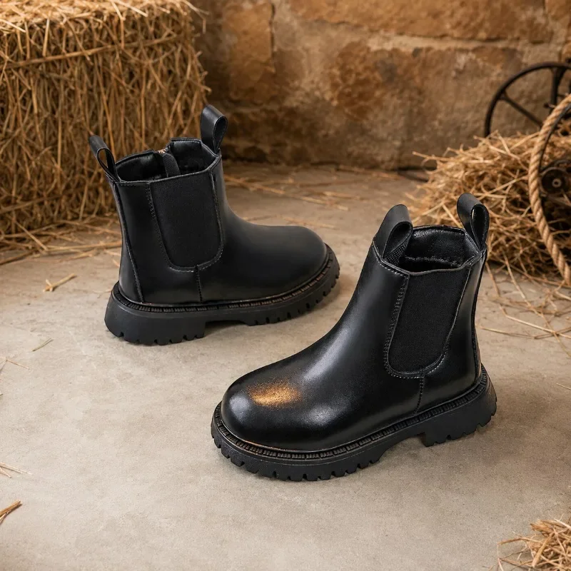 JGSHOWKITO Simple Children Leather Boots Retro Solid Color Boys Girls Ankle Boots for School Non-slip Kids Platform Boots Zipper