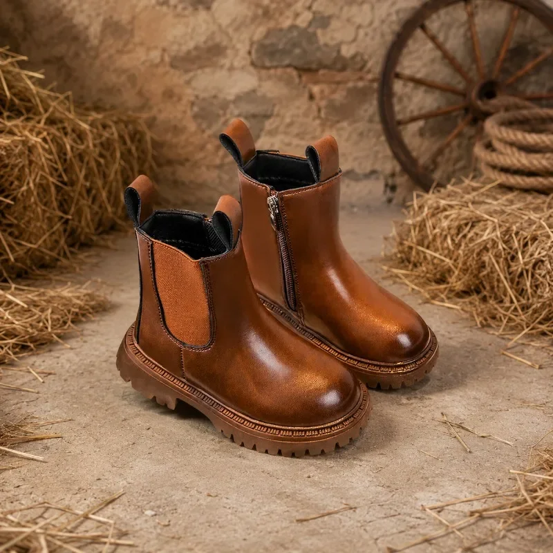 JGSHOWKITO Simple Children Leather Boots Retro Solid Color Boys Girls Ankle Boots for School Non-slip Kids Platform Boots Zipper