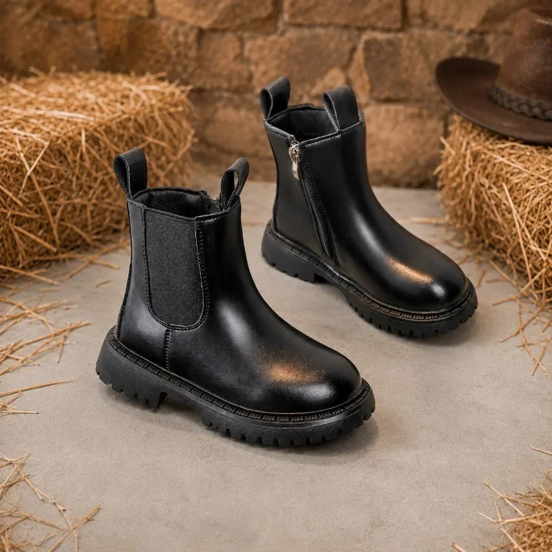 JGSHOWKITO Simple Children Leather Boots Retro Solid Color Boys Girls Ankle Boots for School Non-slip Kids Platform Boots Zipper