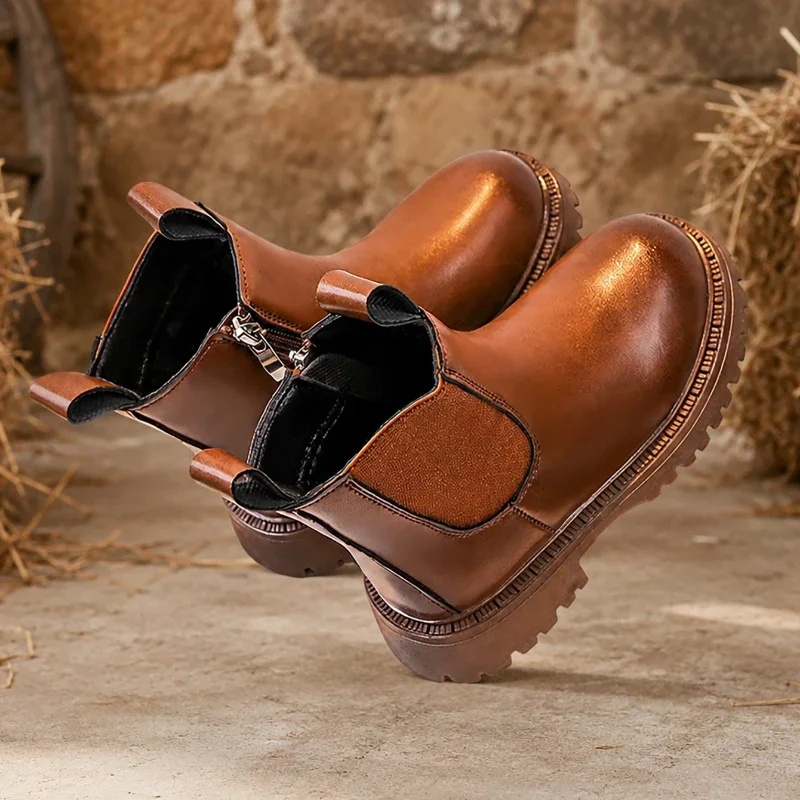 JGSHOWKITO Simple Children Leather Boots Retro Solid Color Boys Girls Ankle Boots for School Non-slip Kids Platform Boots Zipper