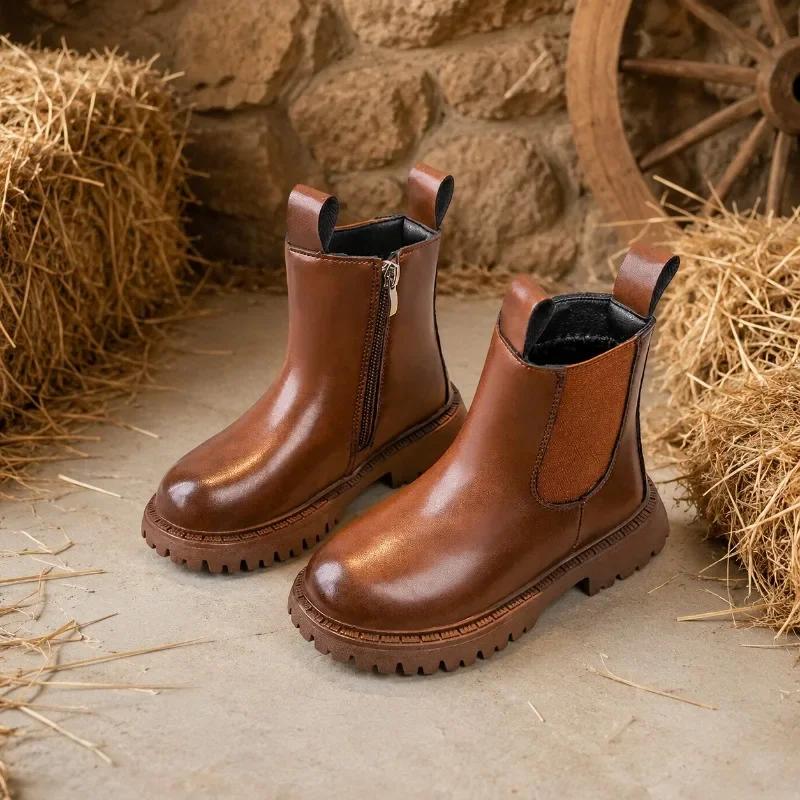 JGSHOWKITO Simple Children Leather Boots Retro Solid Color Boys Girls Ankle Boots for School Non-slip Kids Platform Boots Zipper