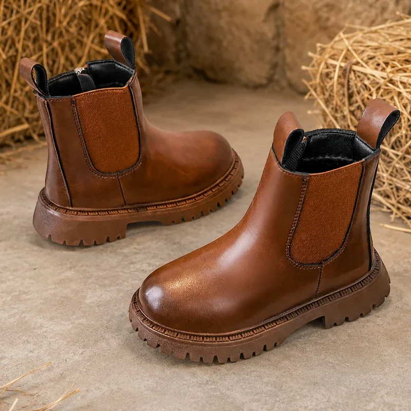 JGSHOWKITO Simple Children Leather Boots Retro Solid Color Boys Girls Ankle Boots for School Non-slip Kids Platform Boots Zipper