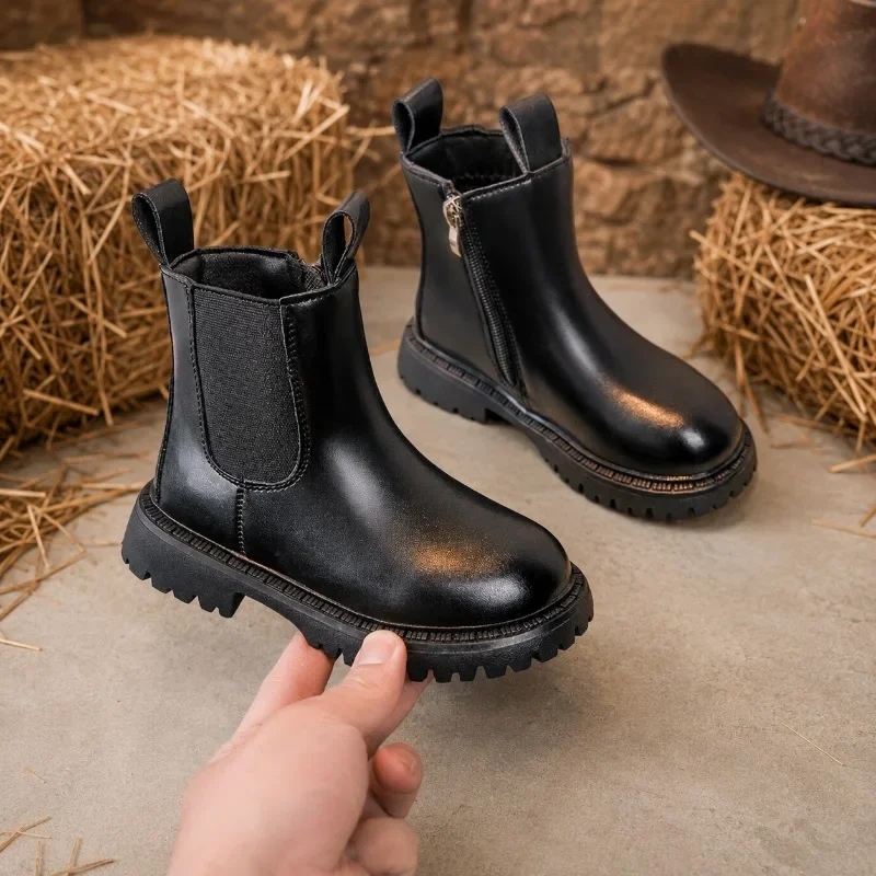 JGSHOWKITO Simple Children Leather Boots Retro Solid Color Boys Girls Ankle Boots for School Non-slip Kids Platform Boots Zipper