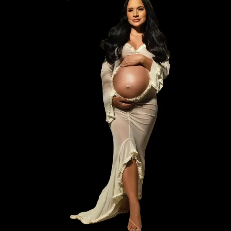 Maternity Dress Gown For Photo Shoot Transparent Ruffle Belly Hollowed Out Baby Shower Photographie de vêtements de maternité