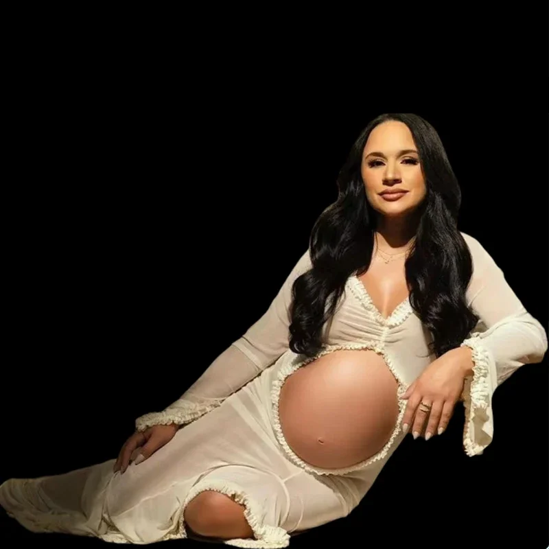 Maternity Dress Gown For Photo Shoot Transparent Ruffle Belly Hollowed Out Baby Shower Photographie de vêtements de maternité