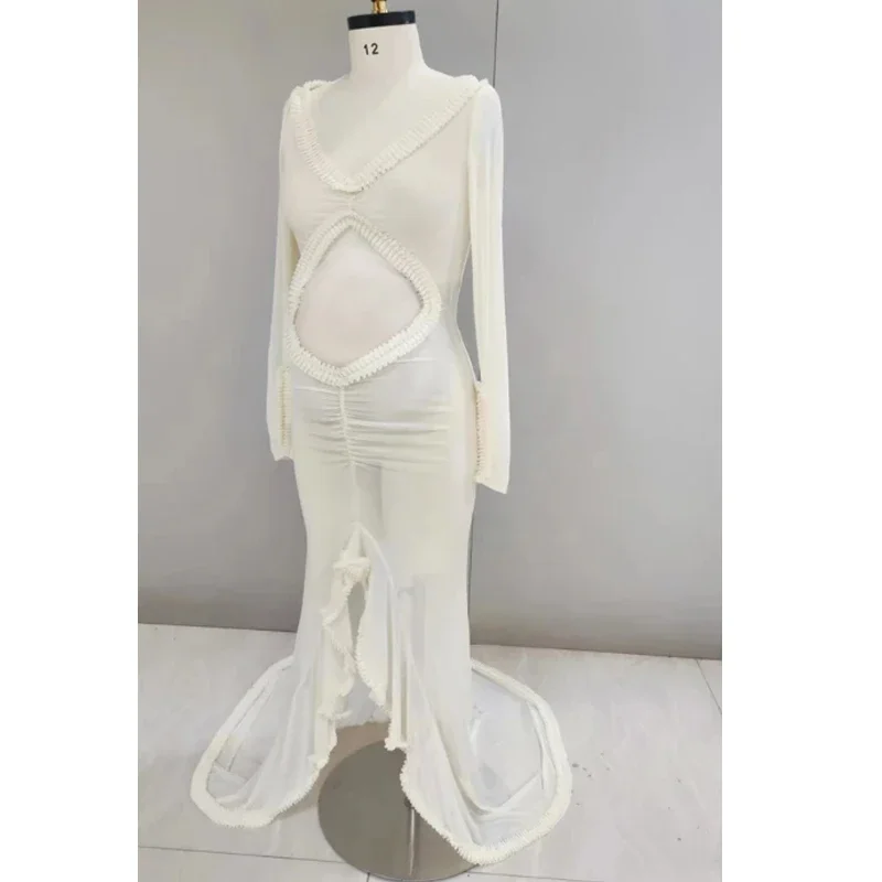 Maternity Dress Gown For Photo Shoot Transparent Ruffle Belly Hollowed Out Baby Shower Photographie de vêtements de maternité