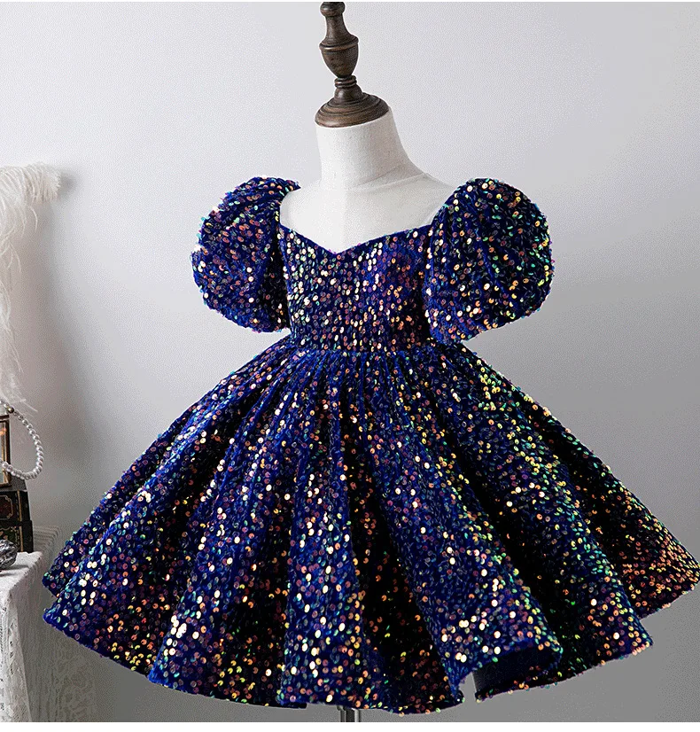 Children Yellow Dress Girls Party Evening Elegant Luxury Celebrity Formal Dresses Fluffy Sequin Tutu Ball Gown Birthday Vestidos