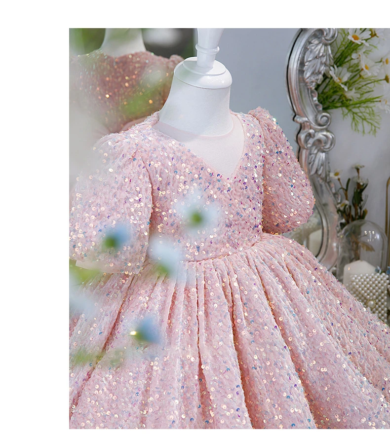 Children Yellow Dress Girls Party Evening Elegant Luxury Celebrity Formal Dresses Fluffy Sequin Tutu Ball Gown Birthday Vestidos