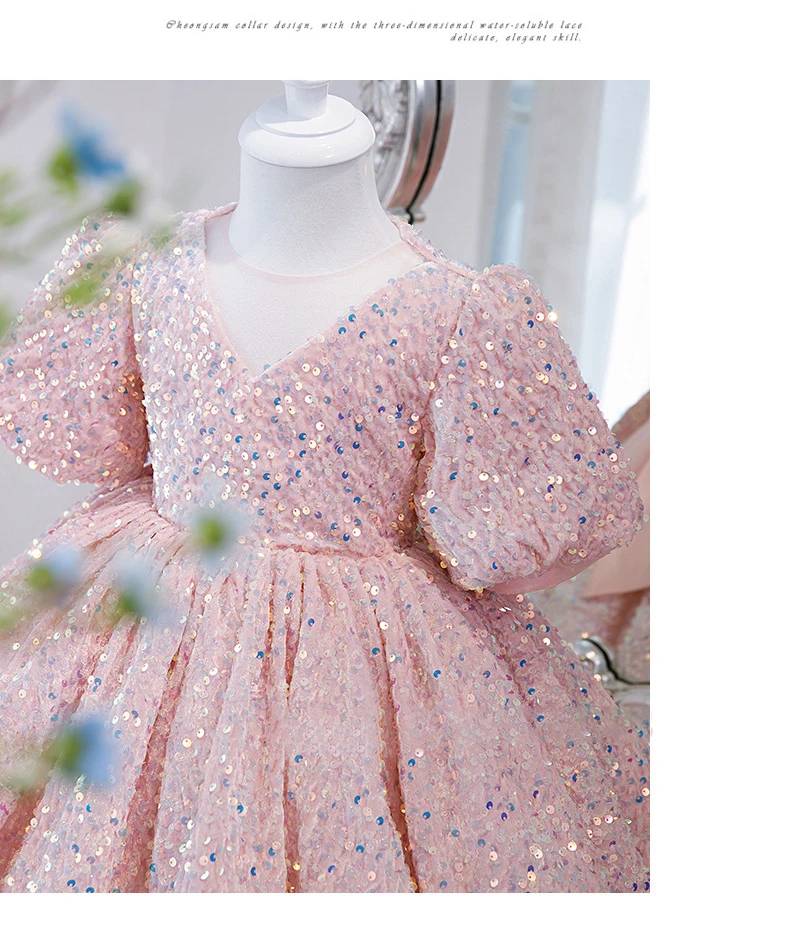 Children Yellow Dress Girls Party Evening Elegant Luxury Celebrity Formal Dresses Fluffy Sequin Tutu Ball Gown Birthday Vestidos