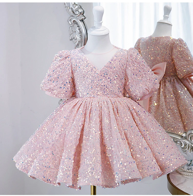 Children Yellow Dress Girls Party Evening Elegant Luxury Celebrity Formal Dresses Fluffy Sequin Tutu Ball Gown Birthday Vestidos