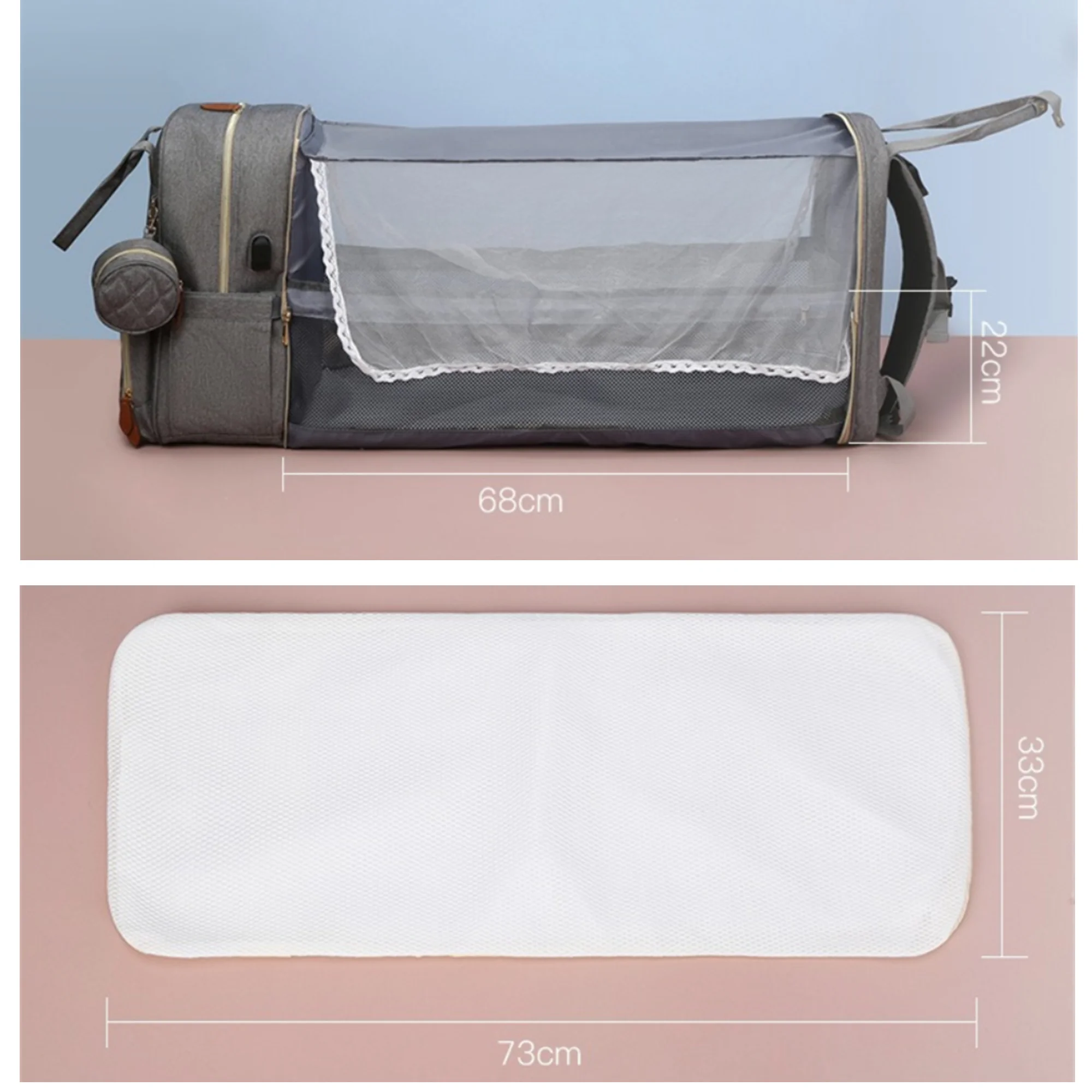 Folding Mommy Bag with USB Port Mosquito Net Portable Multi Function Pee Pad Mother Baby Bag Backpack Bed Nappi Bag