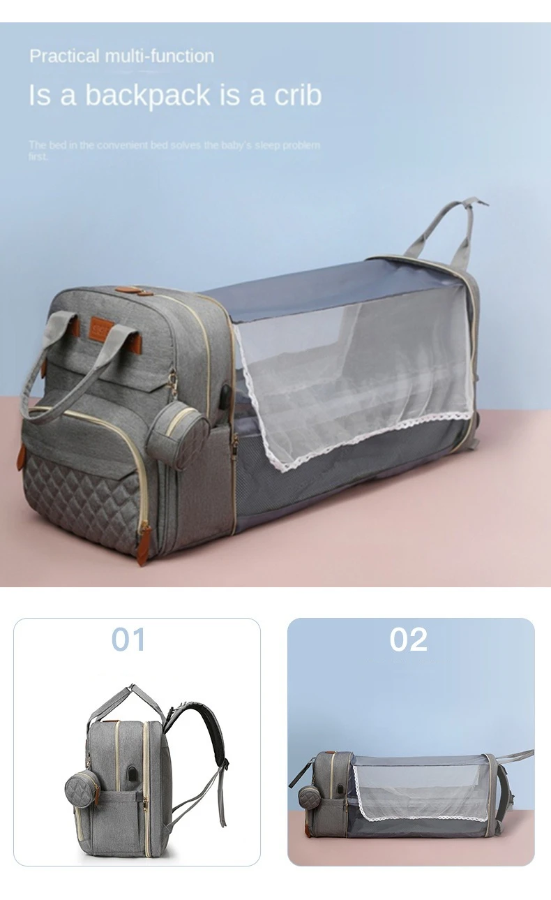 Folding Mommy Bag with USB Port Mosquito Net Portable Multi Function Pee Pad Mother Baby Bag Backpack Bed Nappi Bag