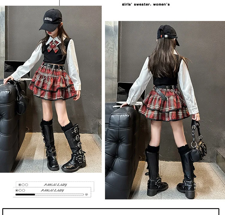 junior girls JK clothes Set Child Internet Celebrity Street Uniform suit Splicing shirt+checkered cake skirt+belt kids outfits