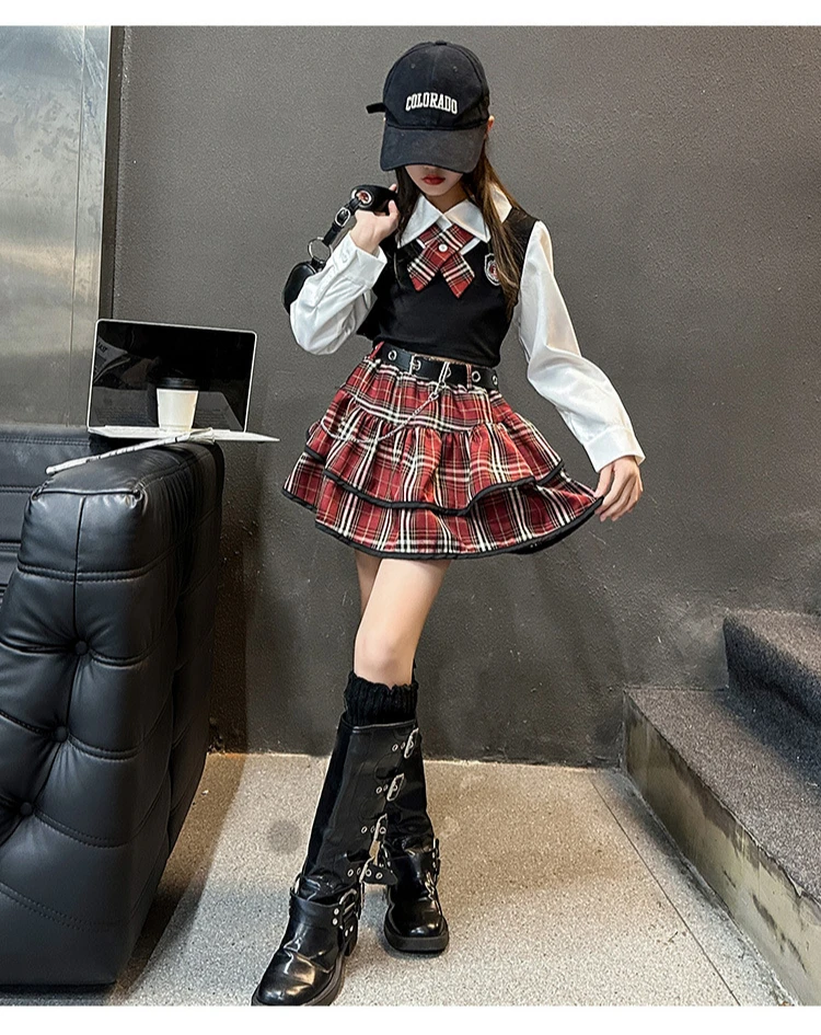 junior girls JK clothes Set Child Internet Celebrity Street Uniform suit Splicing shirt+checkered cake skirt+belt kids outfits