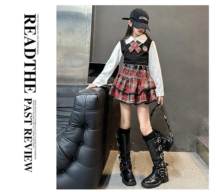 junior girls JK clothes Set Child Internet Celebrity Street Uniform suit Splicing shirt+checkered cake skirt+belt kids outfits